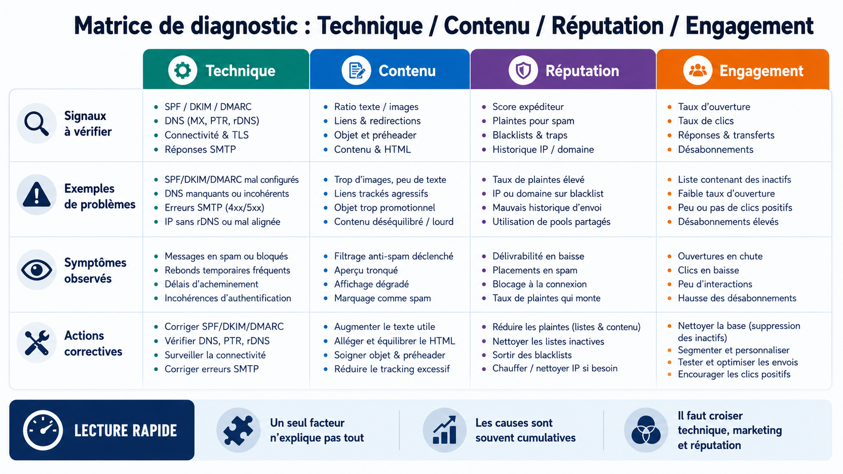 Matrice de diagnostic croisant les facteurs techniques, contenu, réputation et engagement