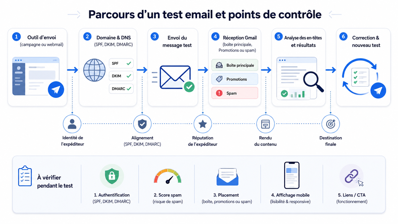 Parcours d’un test email avec les points de contrôle à vérifier