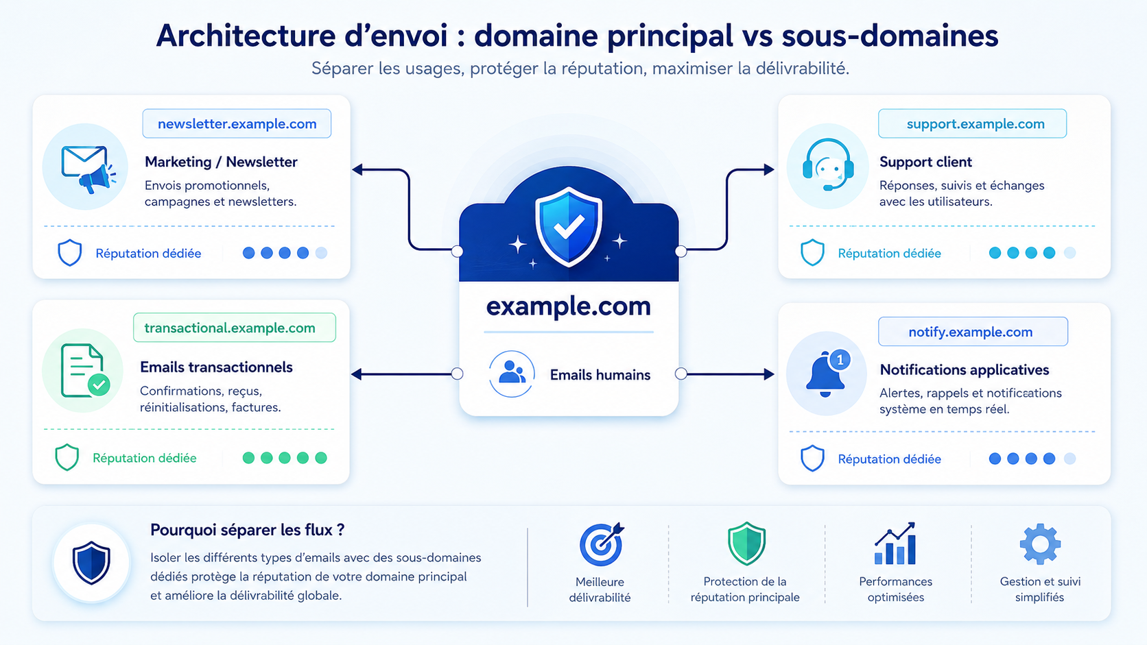Architecture d’envoi séparant le domaine principal et les sous-domaines marketing, transactionnel, support et notification