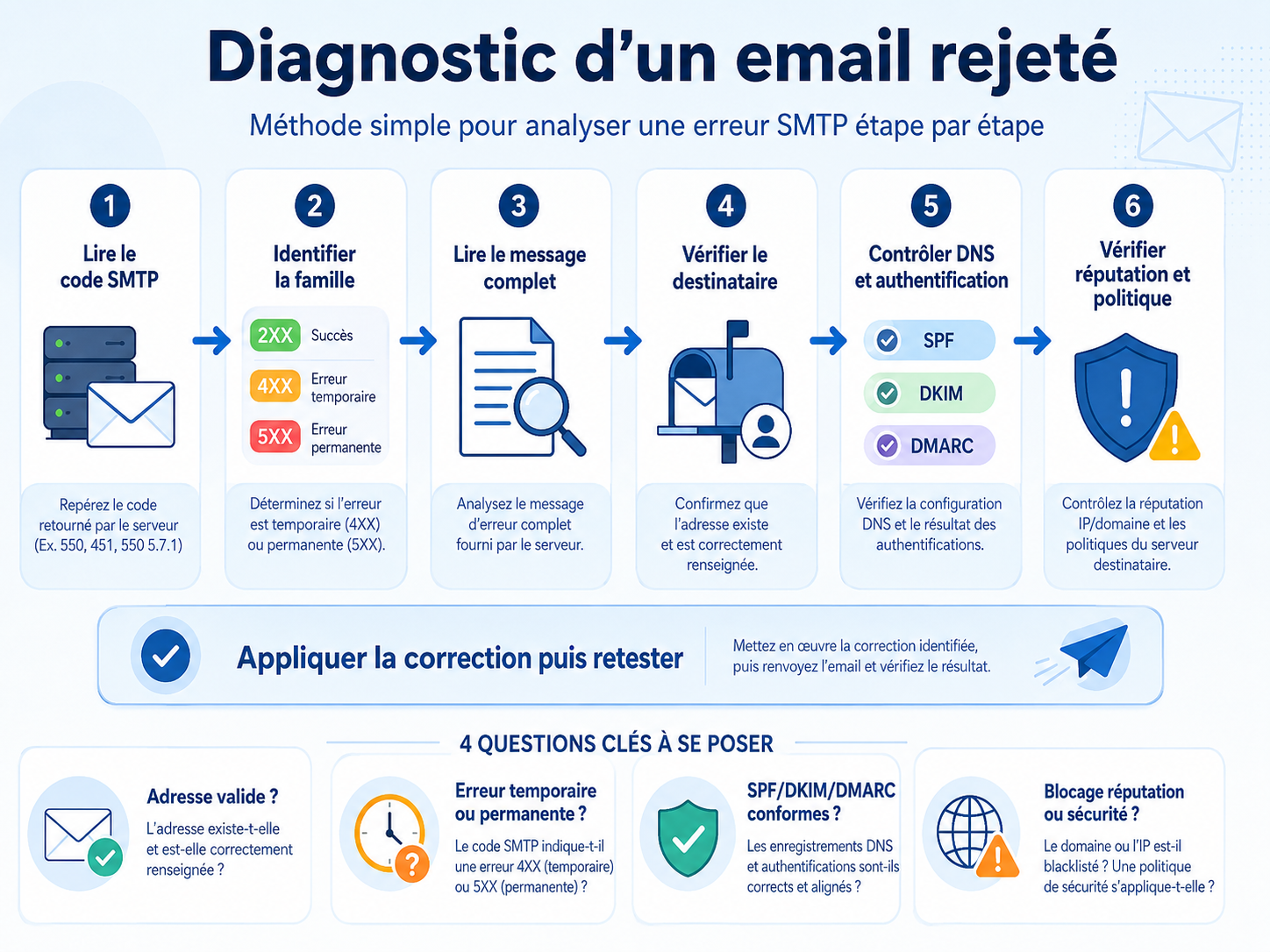 Schéma de diagnostic d’un email rejeté avec analyse du code SMTP, du message d’erreur, du destinataire, du DNS, de l’authentification et de la réputation