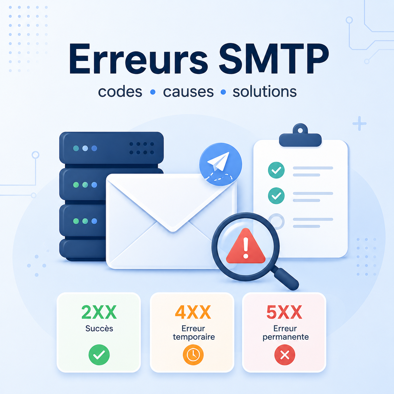 Carte des familles de codes SMTP 2xx, 4xx et 5xx avec leur signification